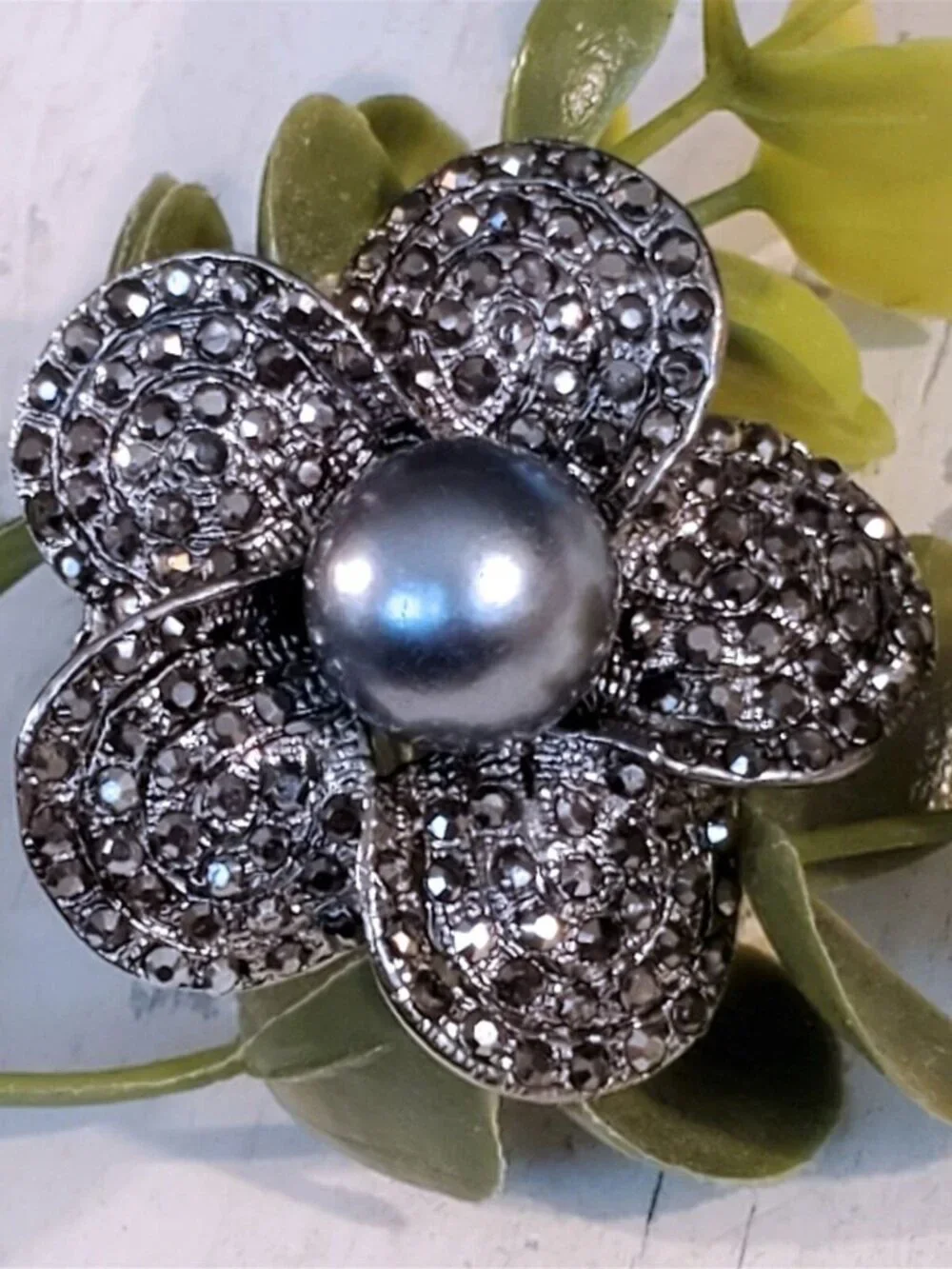 Bold Statement Gunmetal Black Gray Crystal Flower Adjustable Cocktail Ring